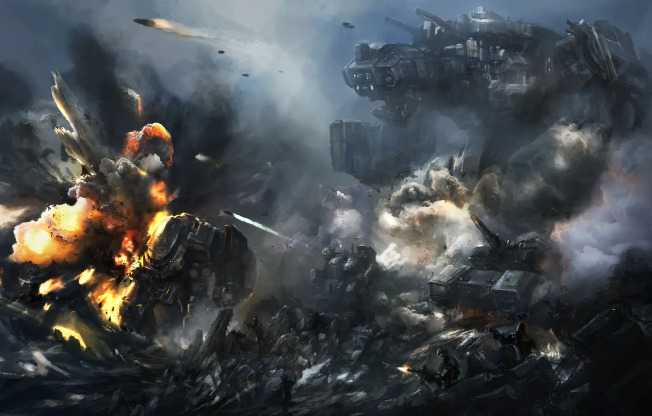 Фото обои скалы, робот, взрывы, арт, солдаты, битва, гигантский