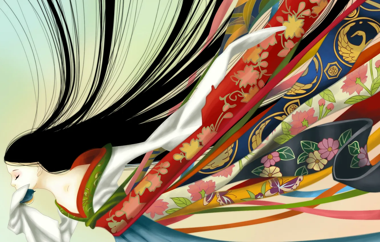 Фото обои ленты, кимоно, длинные волосы, art, Green Glass, озор