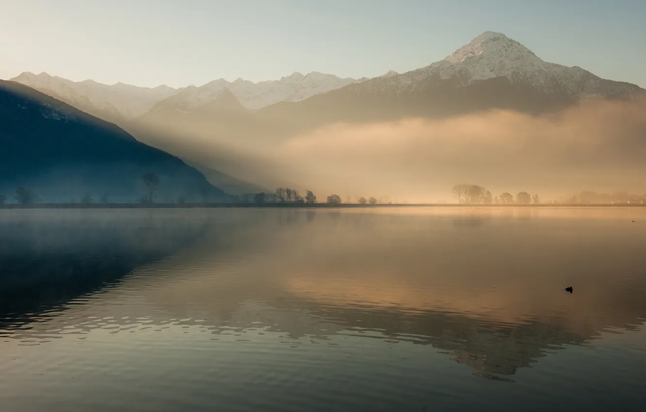 Фото обои mountain, lake, fog, hills, sunrise