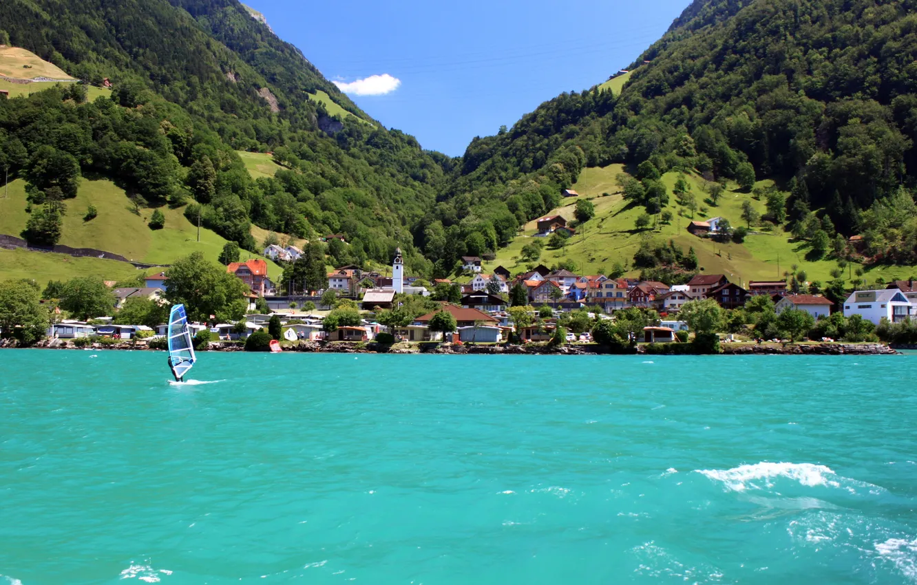 Фото обои вода, деревья, горы, Швейцария, Switzerland, дома., sities, Seelizberg