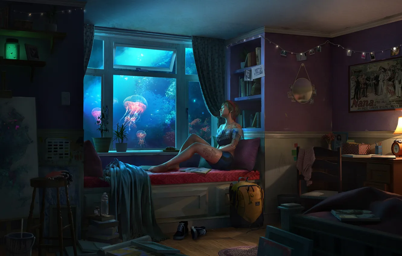 Фото обои девушка, ночь, стол, комната, книги, кеды, окно, медузы