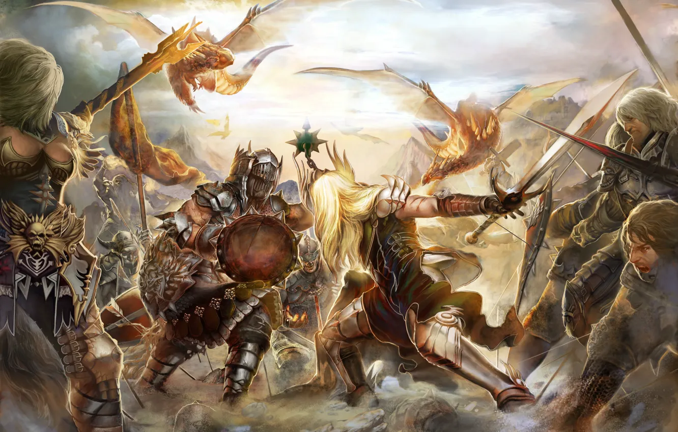 Фото обои оружие, драконы, доспехи, битва, мечи, рыцари, щиты, MMORPG