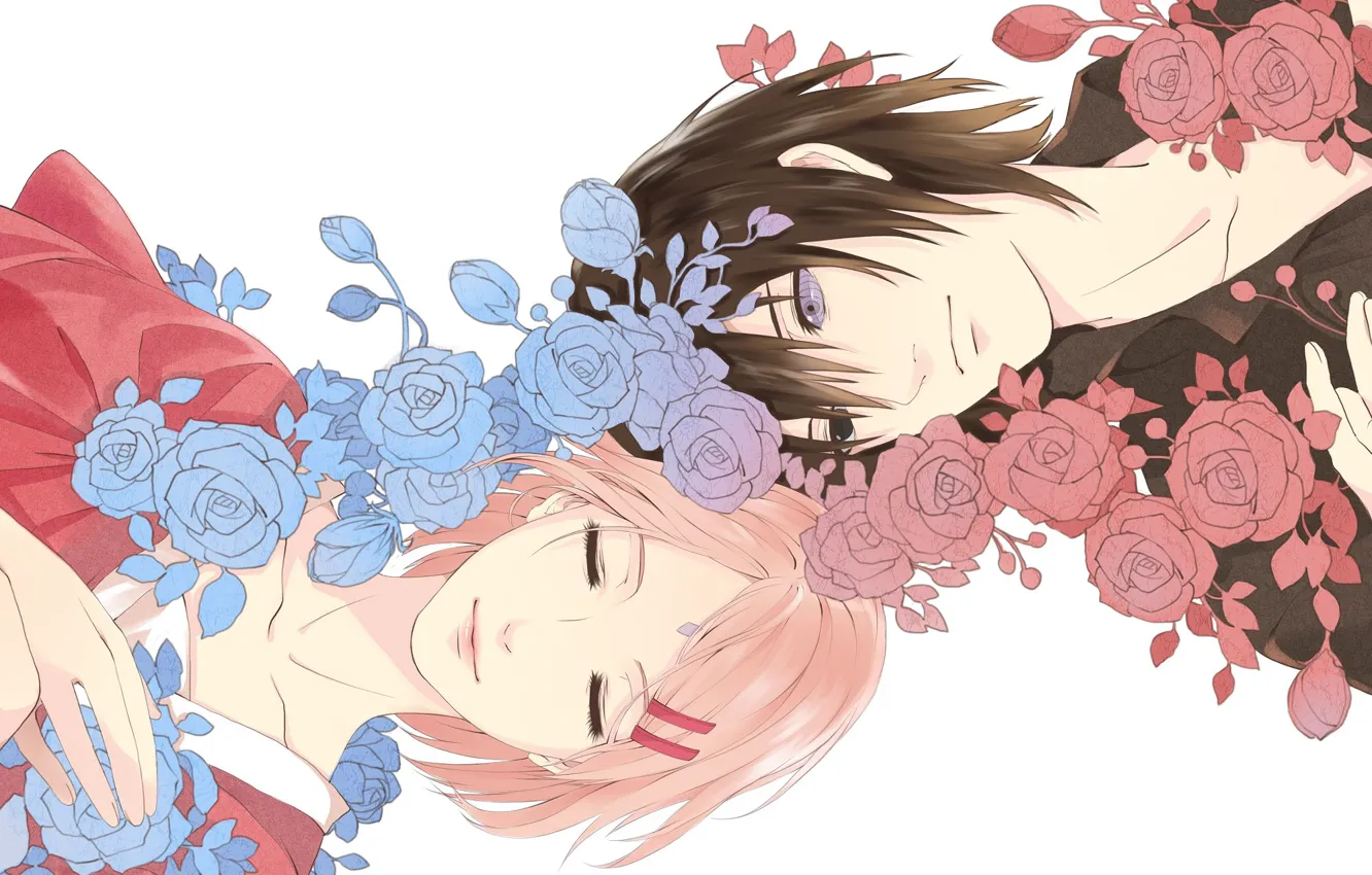 Фото обои цветы, романтика, аниме, Сакура, арт, Саске, Naruto