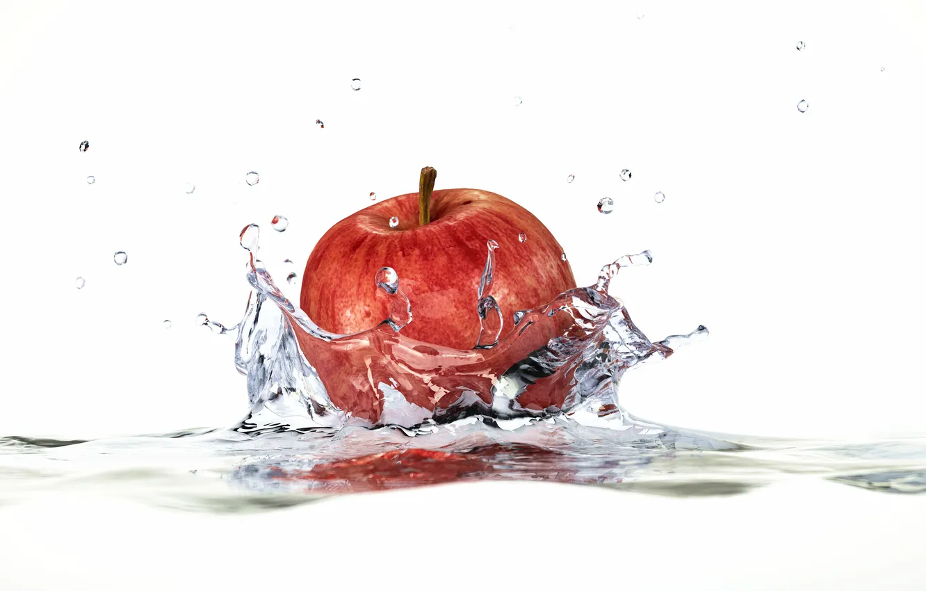 Фото обои вода, брызги, Apple, яблоко, белый фон, water, splashes, white background