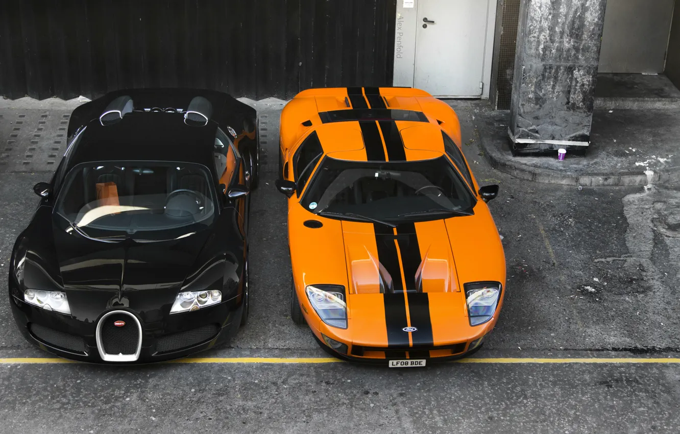 Фото обои оранжевый, фон, чёрный, Ford, Бугатти, Bugatti, Форд, Вейрон