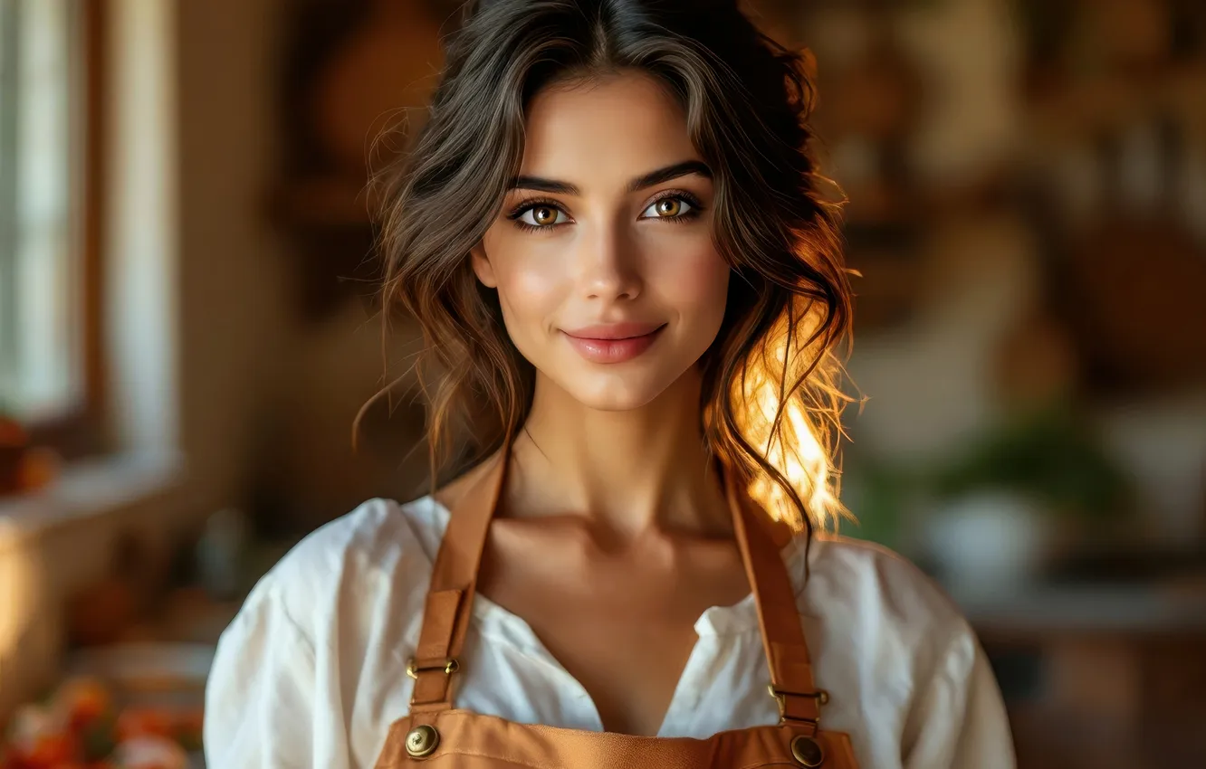 Фото обои взгляд, девушка, свет, поза, улыбка, портрет, кухня, шатенка
