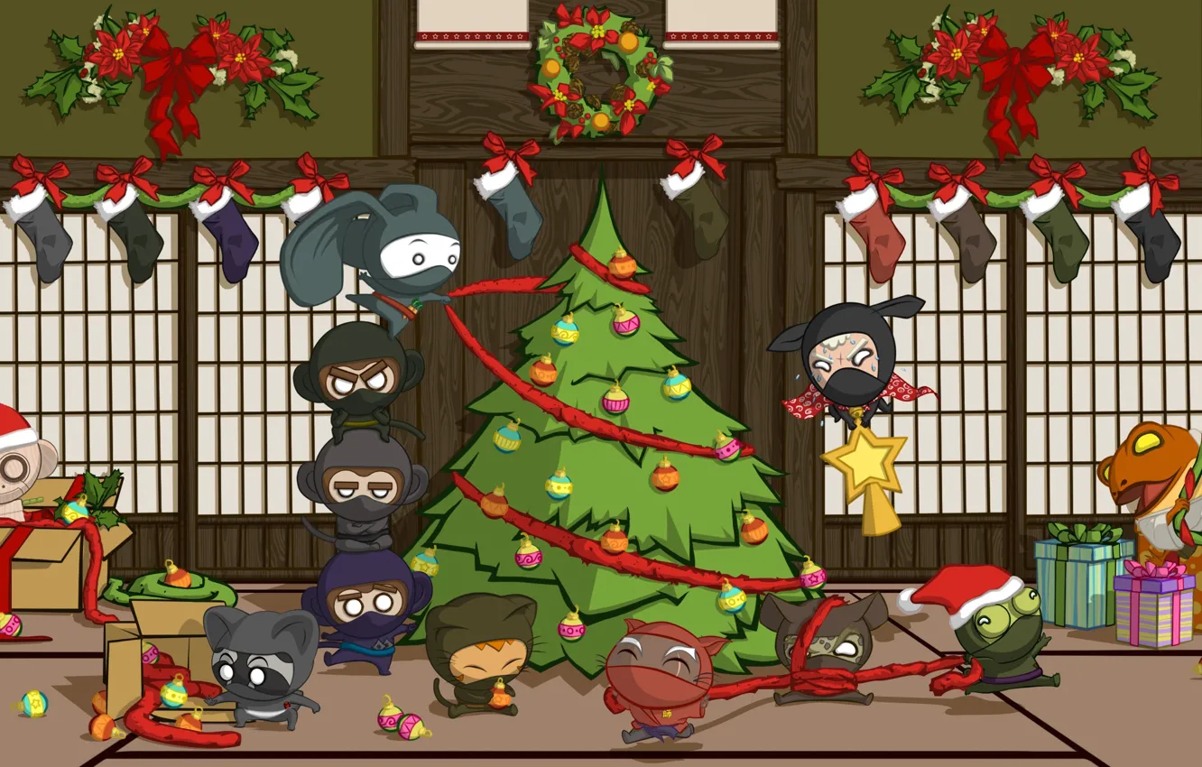 Фото обои праздник, игрушки, япония, елка, новый год, рождество, человечки, подарки
