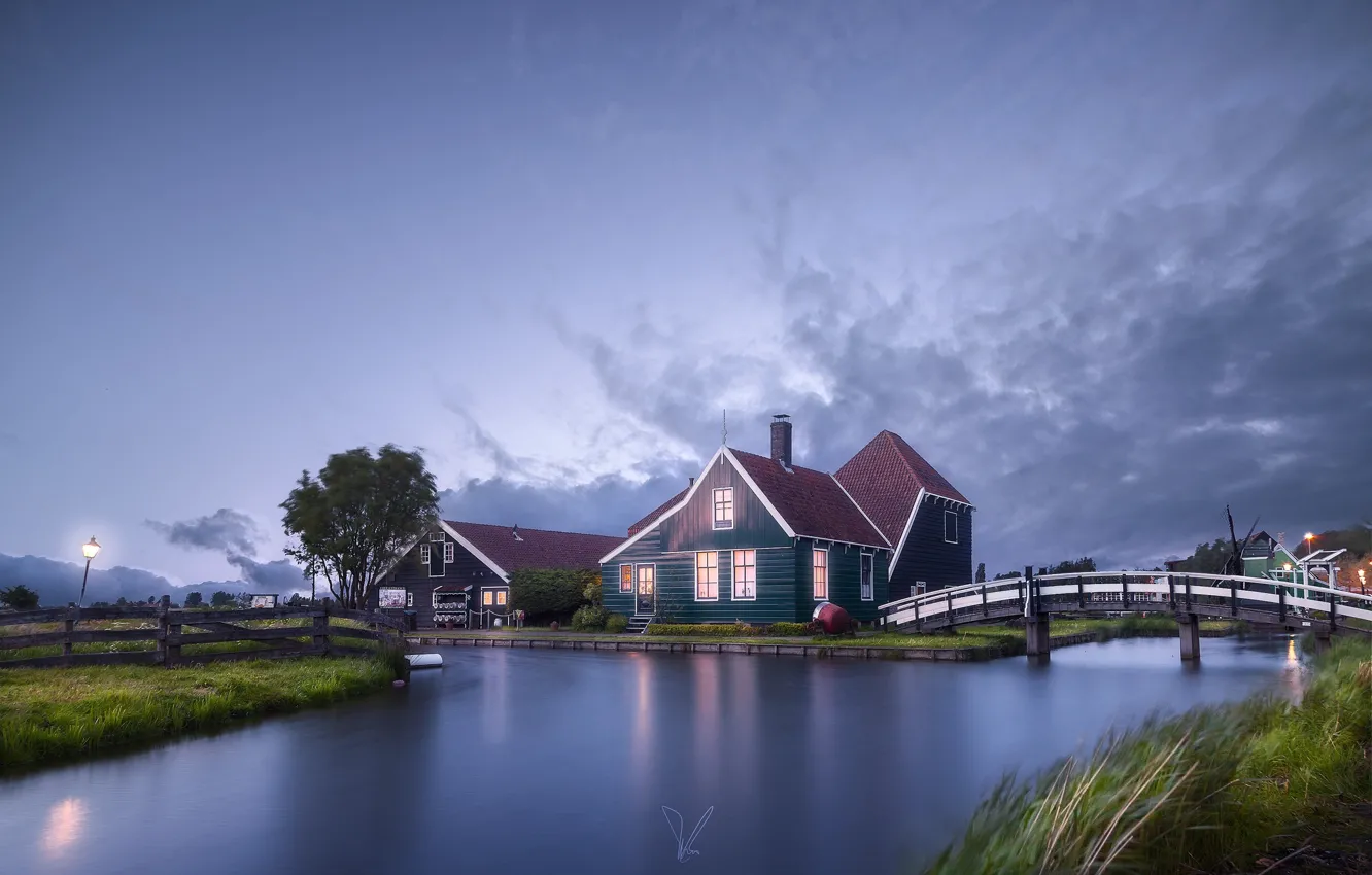 Фото обои дома, вечер, Нидерланды, мостик, поселок