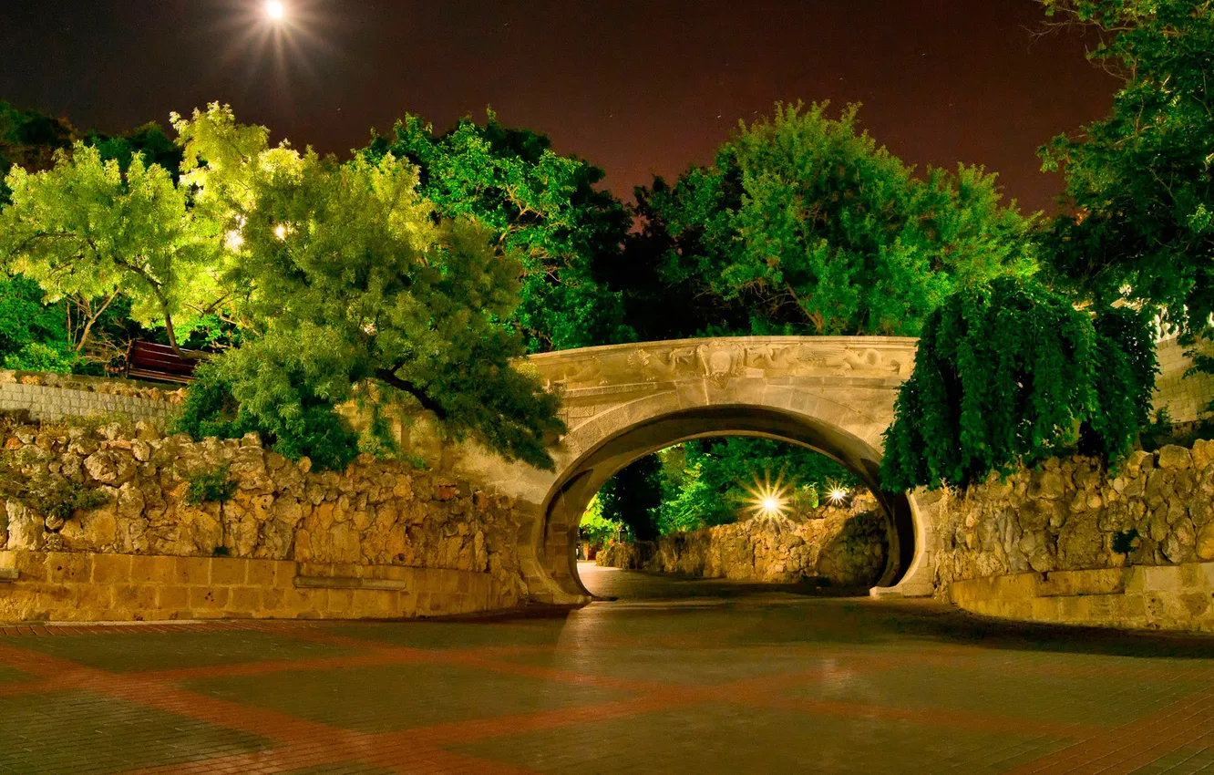 Фото обои деревья, ночь, мост, парк