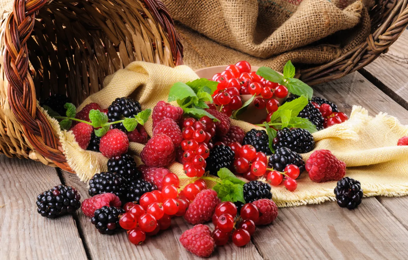 Фото обои листья, ягоды, малина, корзина, смородина, ежевика, blackberry, raspberry