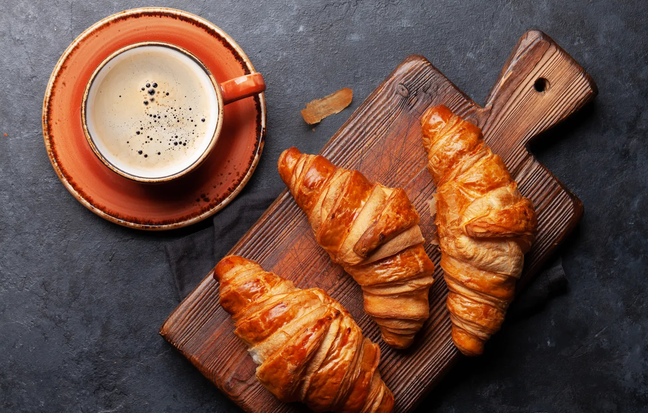 Фото обои cup, coffee, круассаны, чашка кофе, croissants