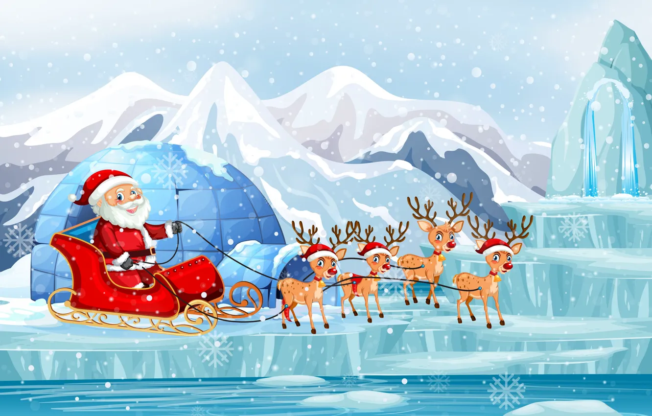 Фото обои Зима, Горы, Снег, Улыбка, Рождество, Новый год, Лёд, Санта Клаус