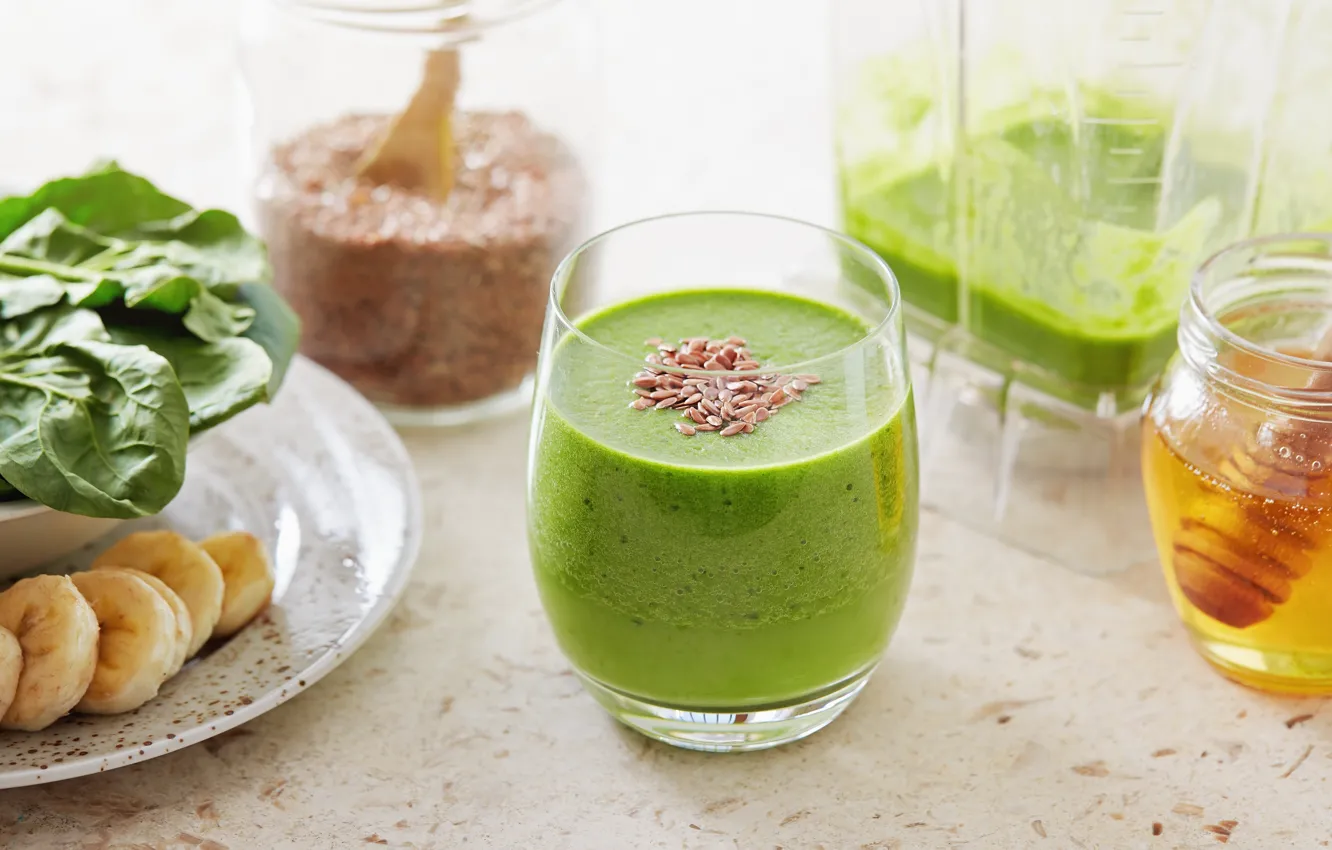 Фото обои green, коктейль, напиток, мёд, банан, овощи, fresh, smoothie