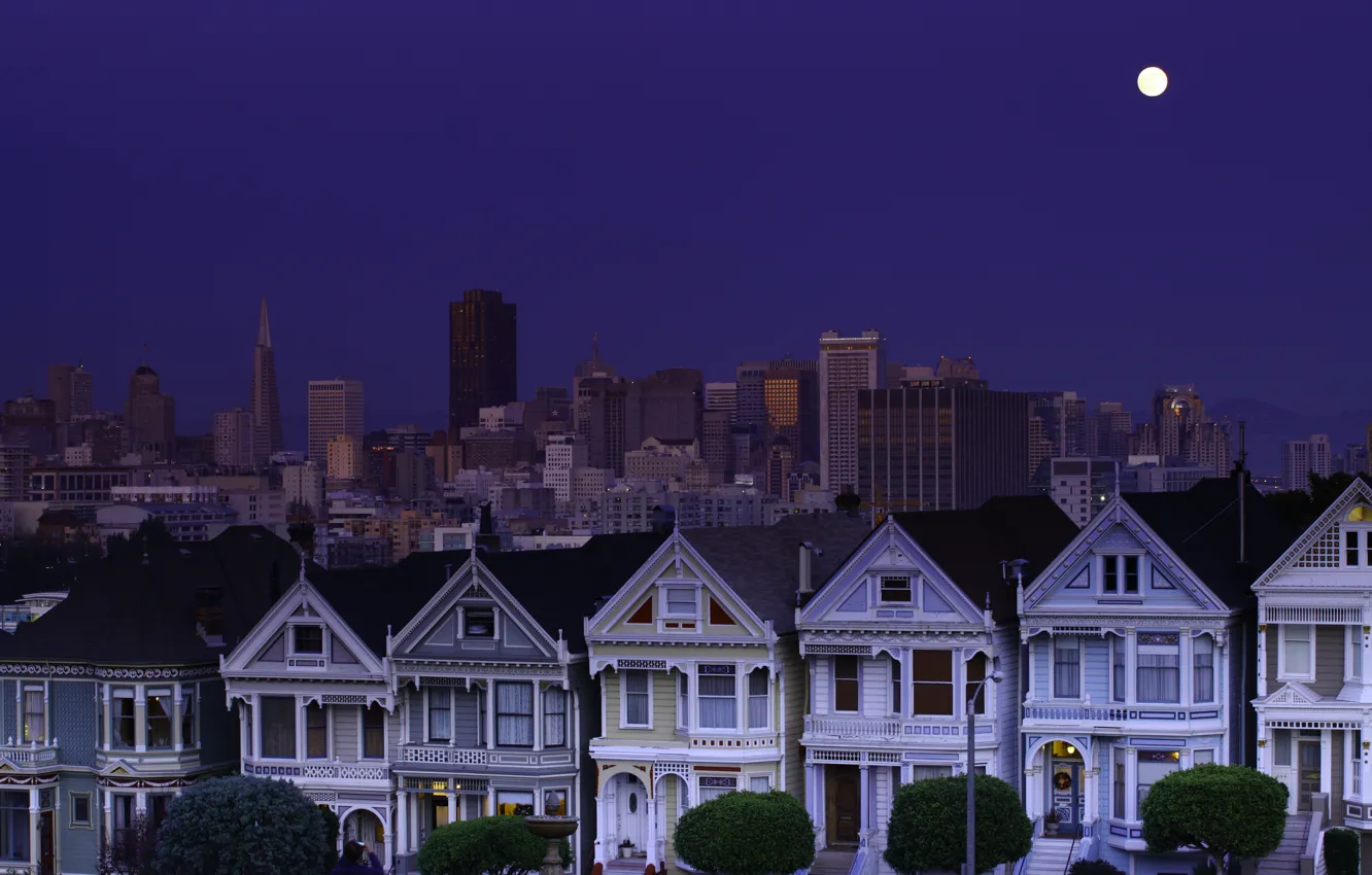 Фото обои небо, ночь, луна, Сан-Франциско, moon, USA, США, синее