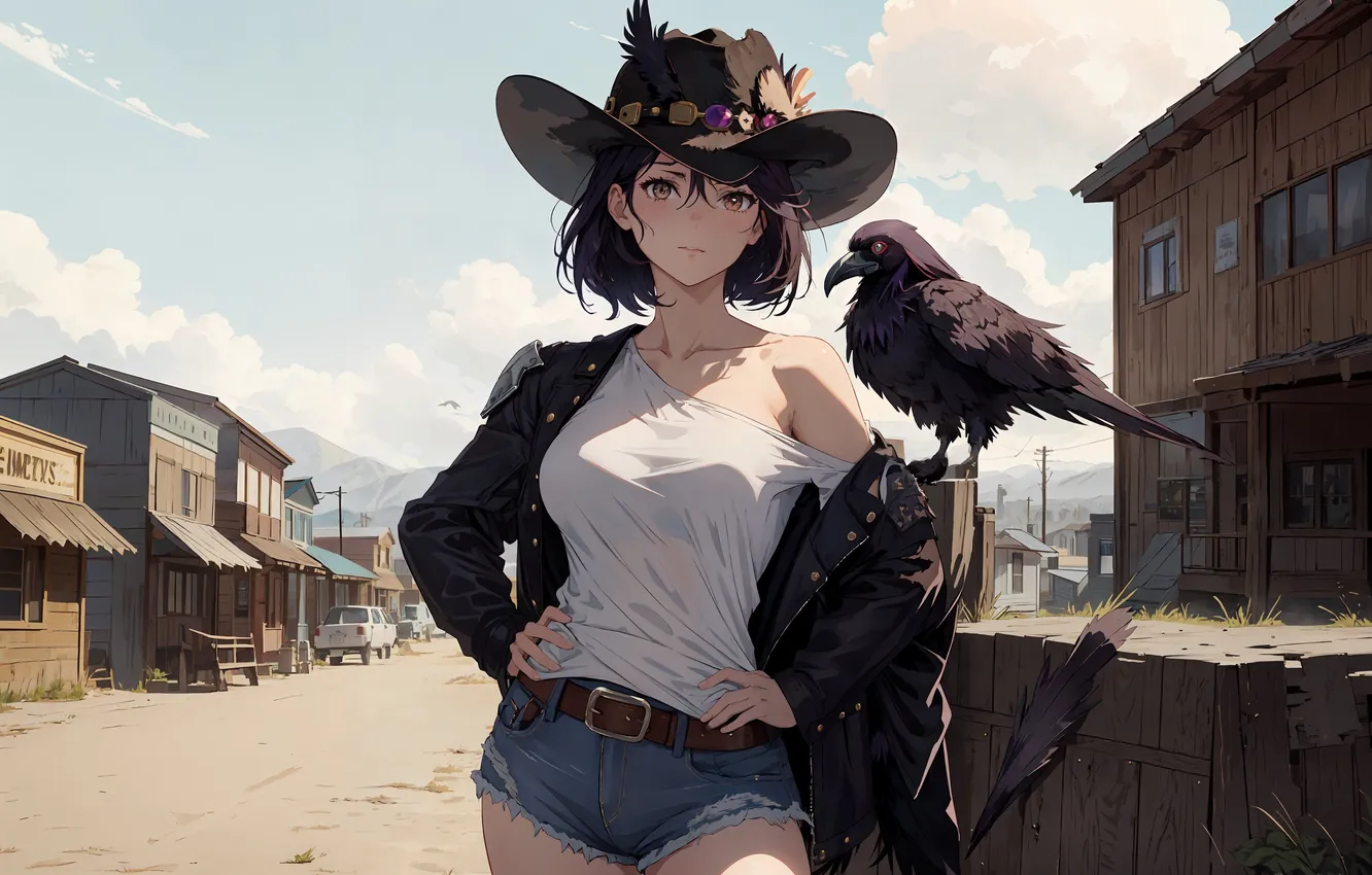 Фото обои girl, shorts, hat, raven, brunette, ai art