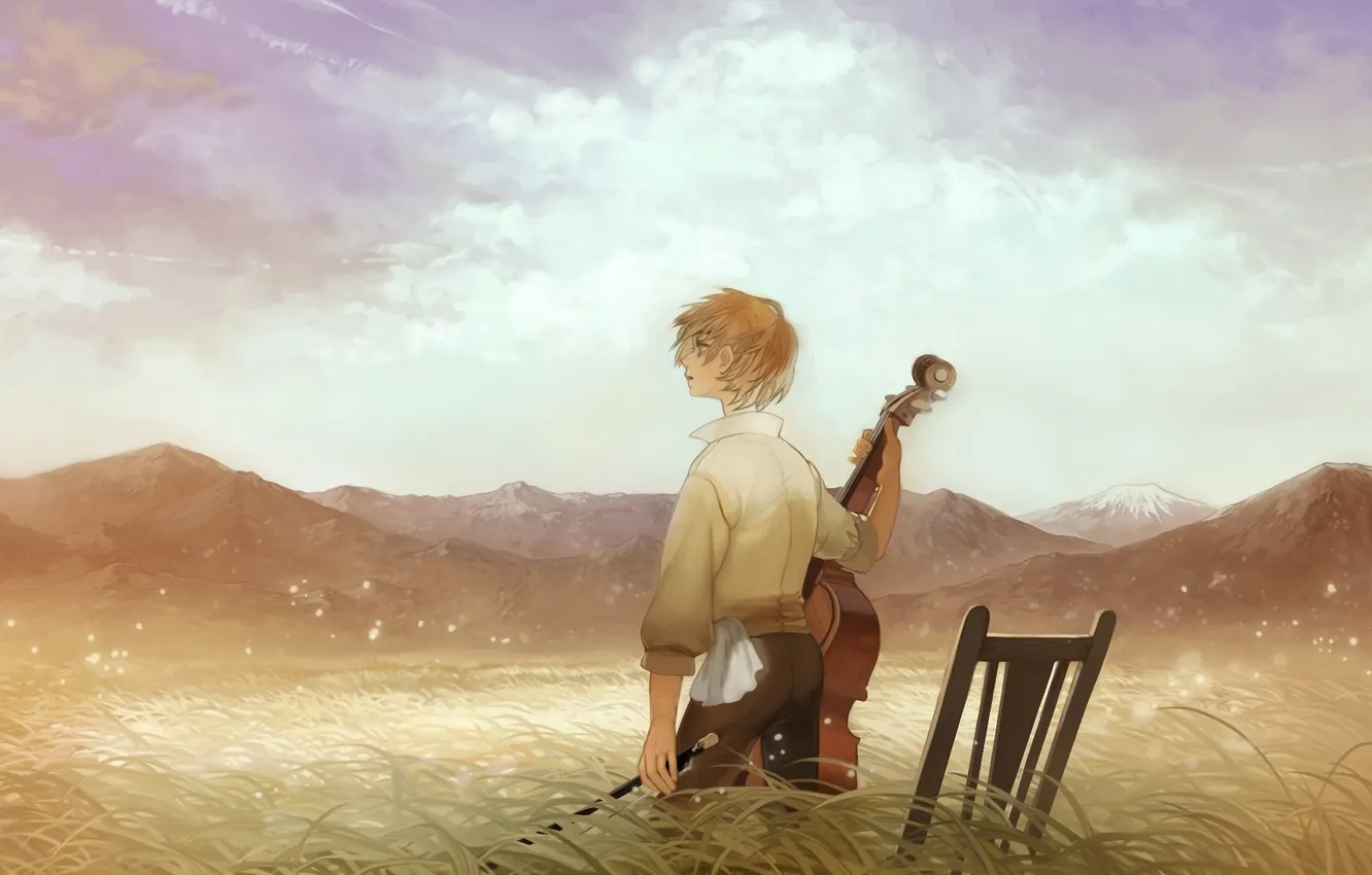 Фото обои трава, горы, арт, стул, парень, музыкальный инструмент, контрабас, taku