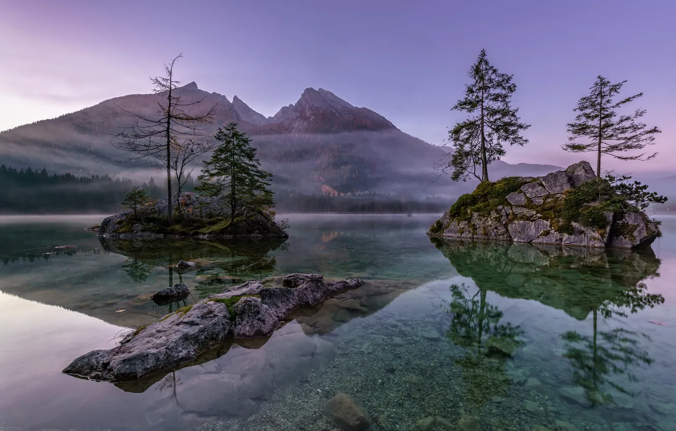 Фото обои деревья, пейзаж, горы, туман, озеро, камни, скалы, Германия