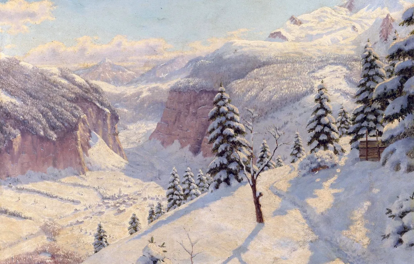 Фото обои зима, снег, деревья, пейзаж, горы, елки, картина, сугробы
