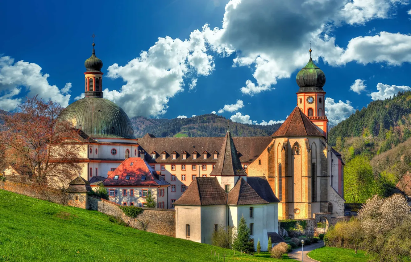 Фото обои облака, Германия, монастырь, Germany, Баден-Вюртемберг, Baden-Württemberg, аббатство, Мюнстерталь