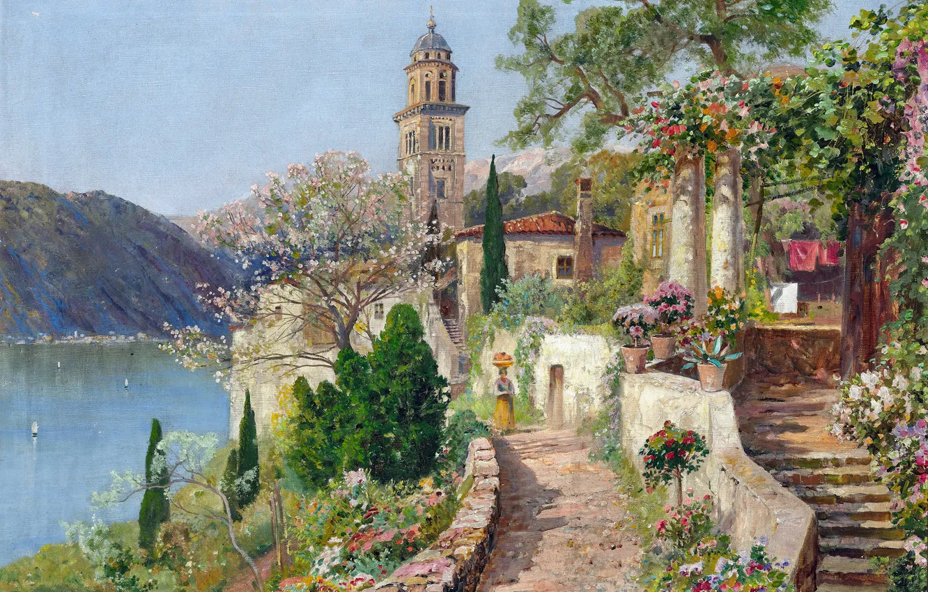 Фото обои Цветы, Дома, Горы, Деревья, Картина, Побережье, Alois Arnegger, Алоис Арнеггер