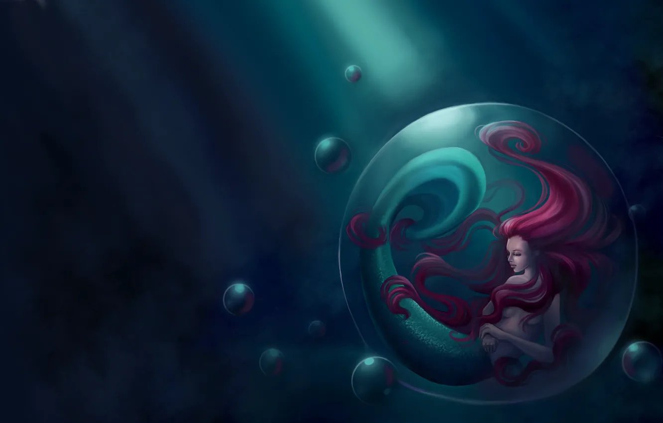 Фото обои море, фантастика, русалка, арт, хвост, пузырь, плавник, красные волосы