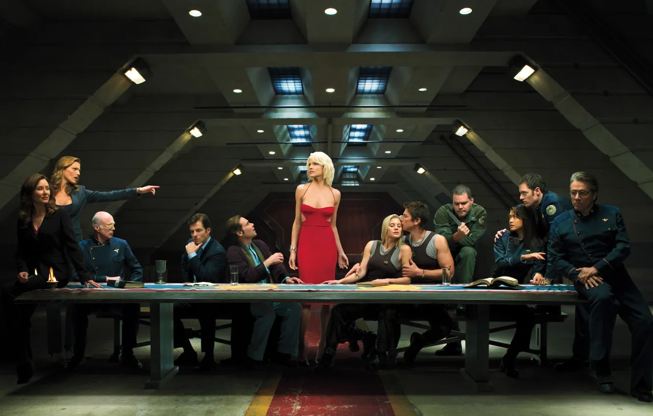Фото обои стол, люди, красное, корабль, ситуация, платье, галактика, сериал