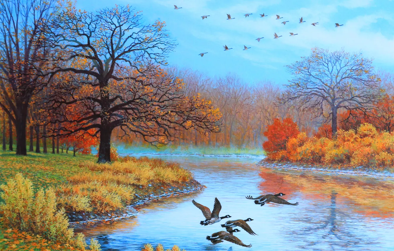 Фото обои осень, деревья, пейзаж, птицы, река, утки, картина