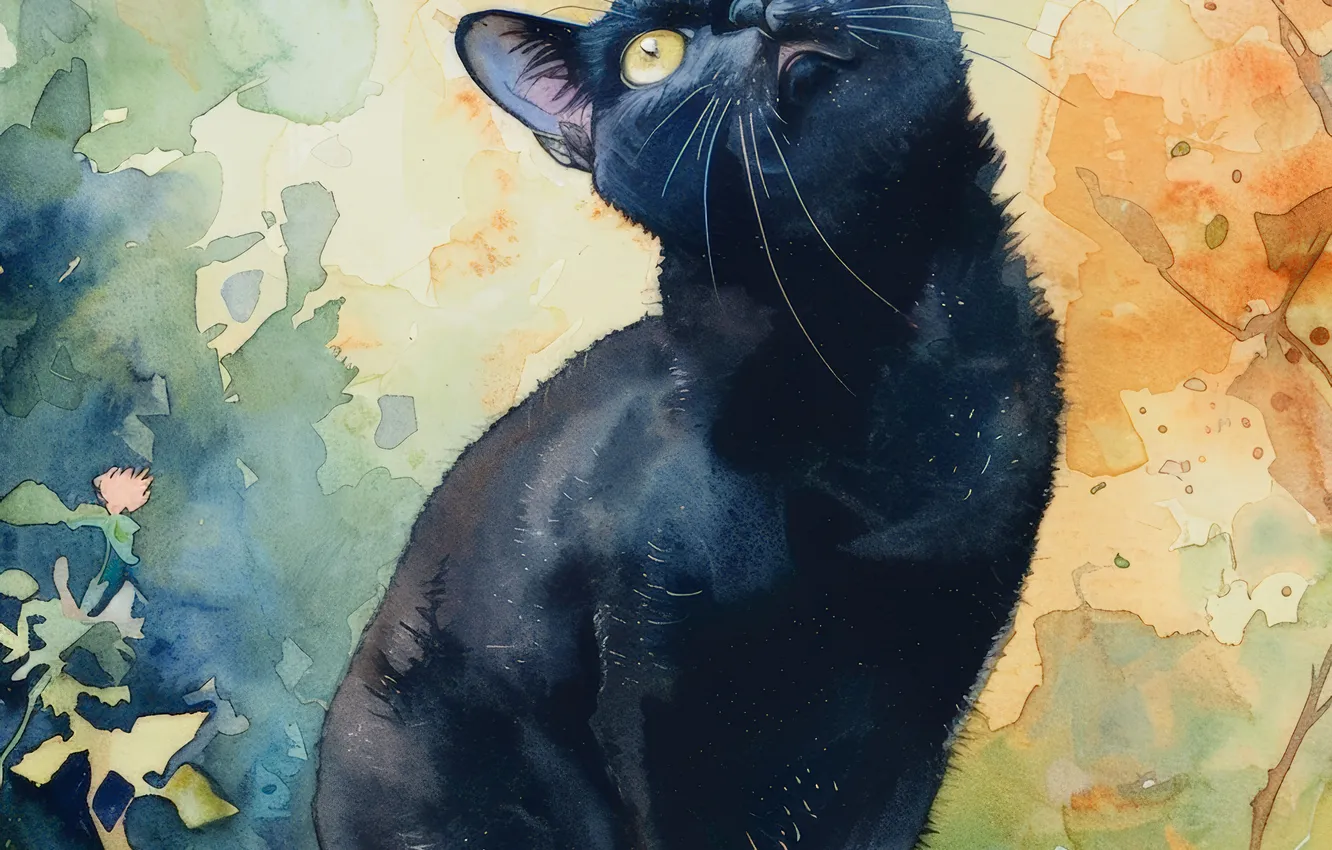 Фото обои Взгляд, Кошка, Черная, Кот, Арт, Цифровое искусство, ИИ-арт, Искусство искусственного интеллекта