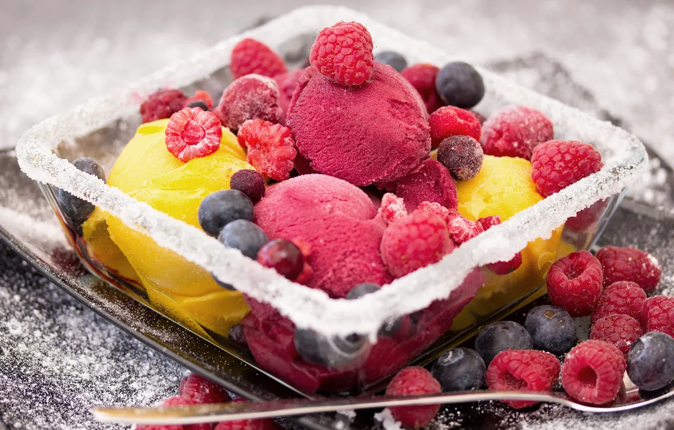 Фото обои ягоды, малина, черника, мороженое
