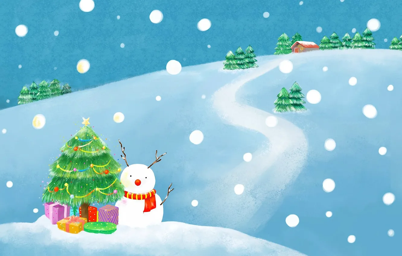 Фото обои зима, дорога, снег, дом, праздник, рисунок, елка, новый год