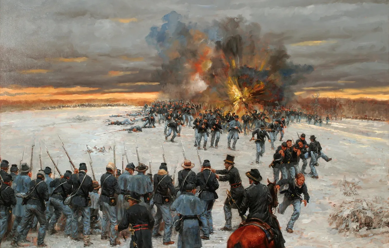 Фото обои масло, картина, холст, Северная Америка, отступление, война между Севером и Югом, солдаты. оружие
