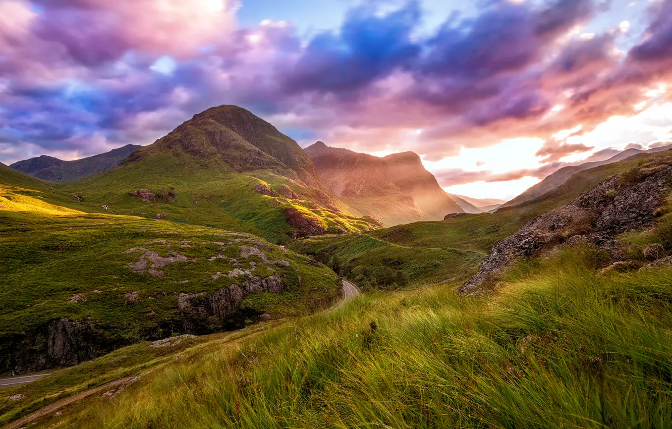 Фото обои дорога, лето, небо, облака, горы, долина, Шотландия, Август
