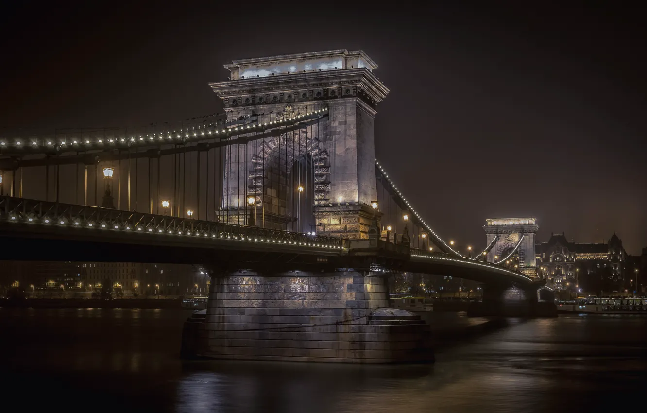 Фото обои ночь, огни, река, Венгрия, Будапешт, Дунай, Цепной мост