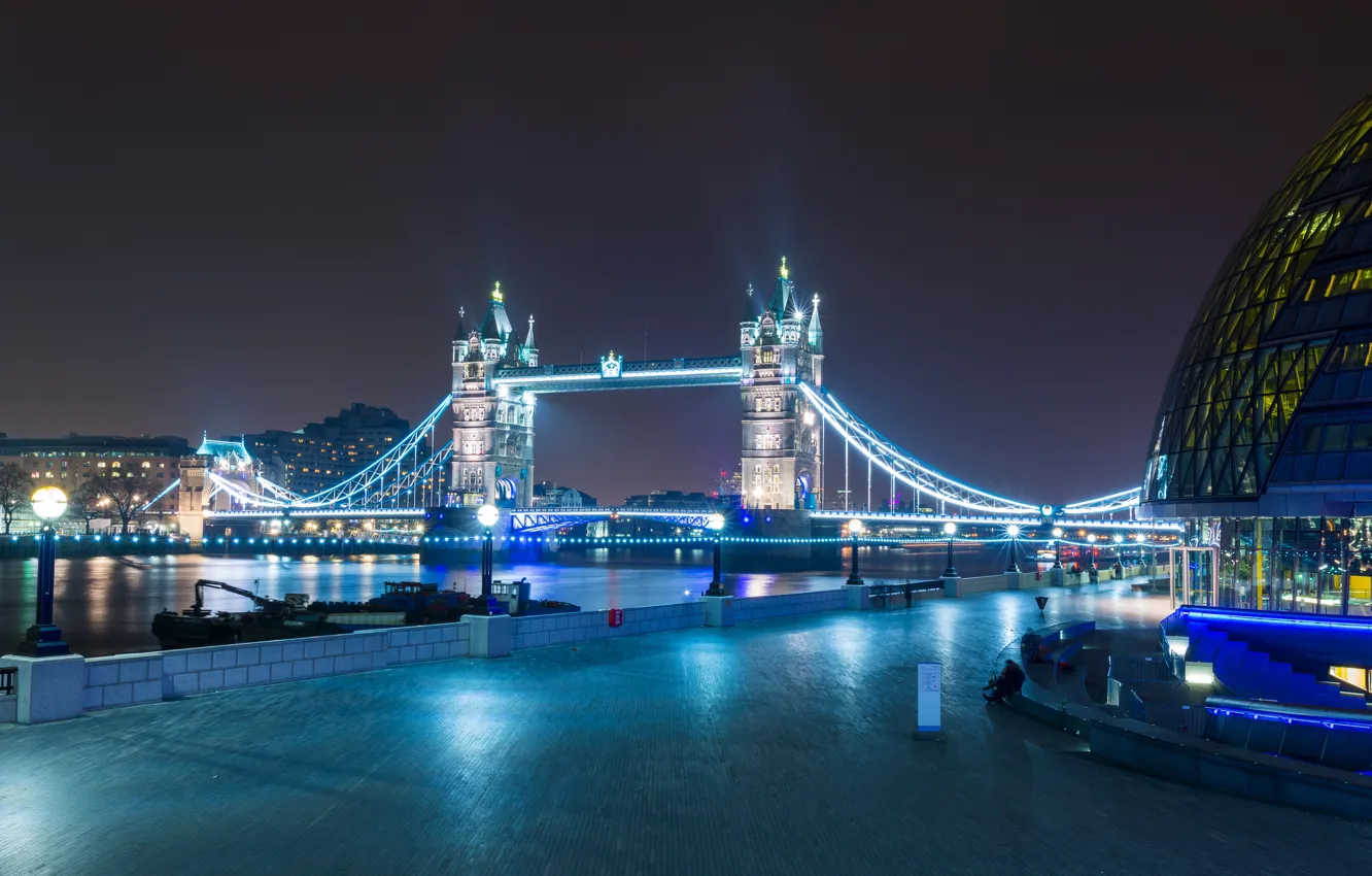 Фото обои Англия, Лондон, Дома, Ночь, Город, Великобритания, Реки, Мосты