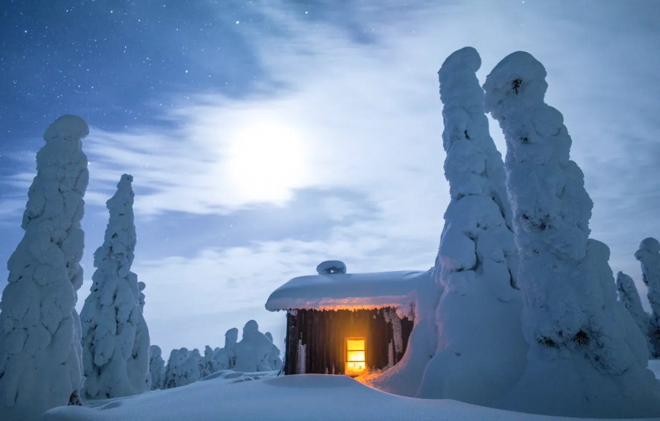 Фото обои зима, огни, домик, Финляндия, Лапландия