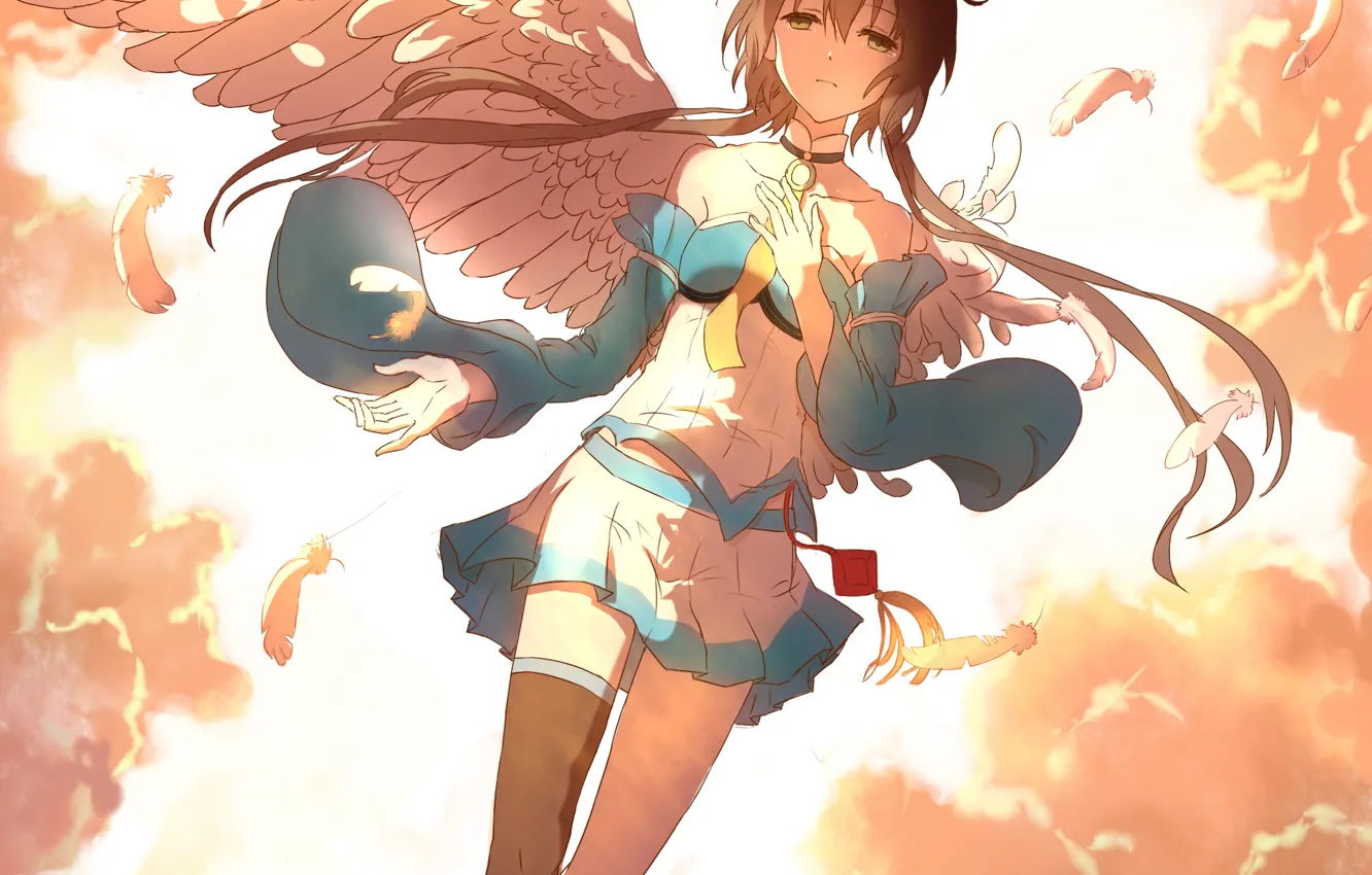 Фото обои небо, девушка, облака, крылья, аниме, перья, арт, vocaloid