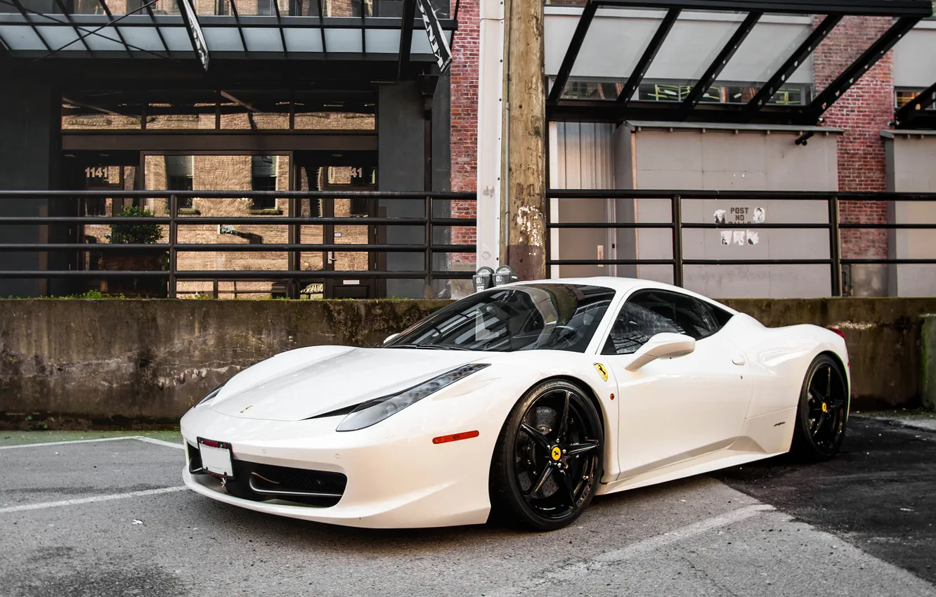 Фото обои Ferrari, white, 458, italia, road, parking, building