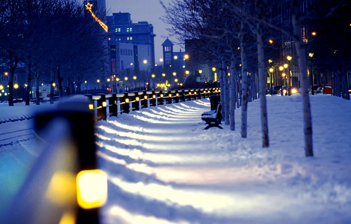 Фото обои зима, снег, ночь, city, город, lights, улица, фонари