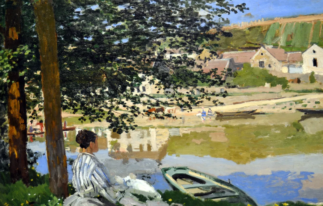 Фото обои девушка, пейзаж, лодка, картина, Клод Моне, Сена в Бенкуре