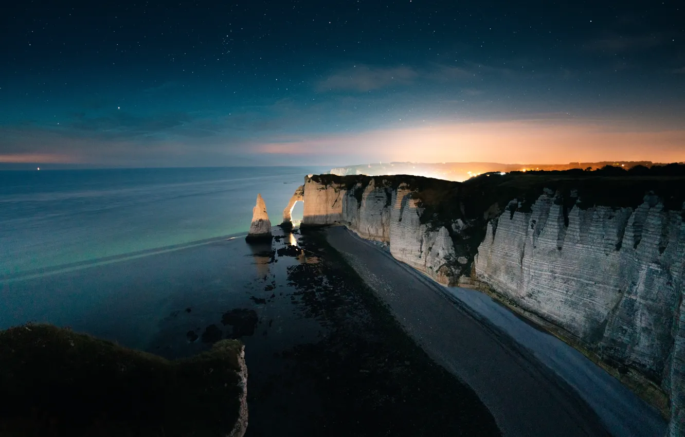 Фото обои Nature, Rock, Stars, Beach, Water, Night, Ocean, Sun Goes Down