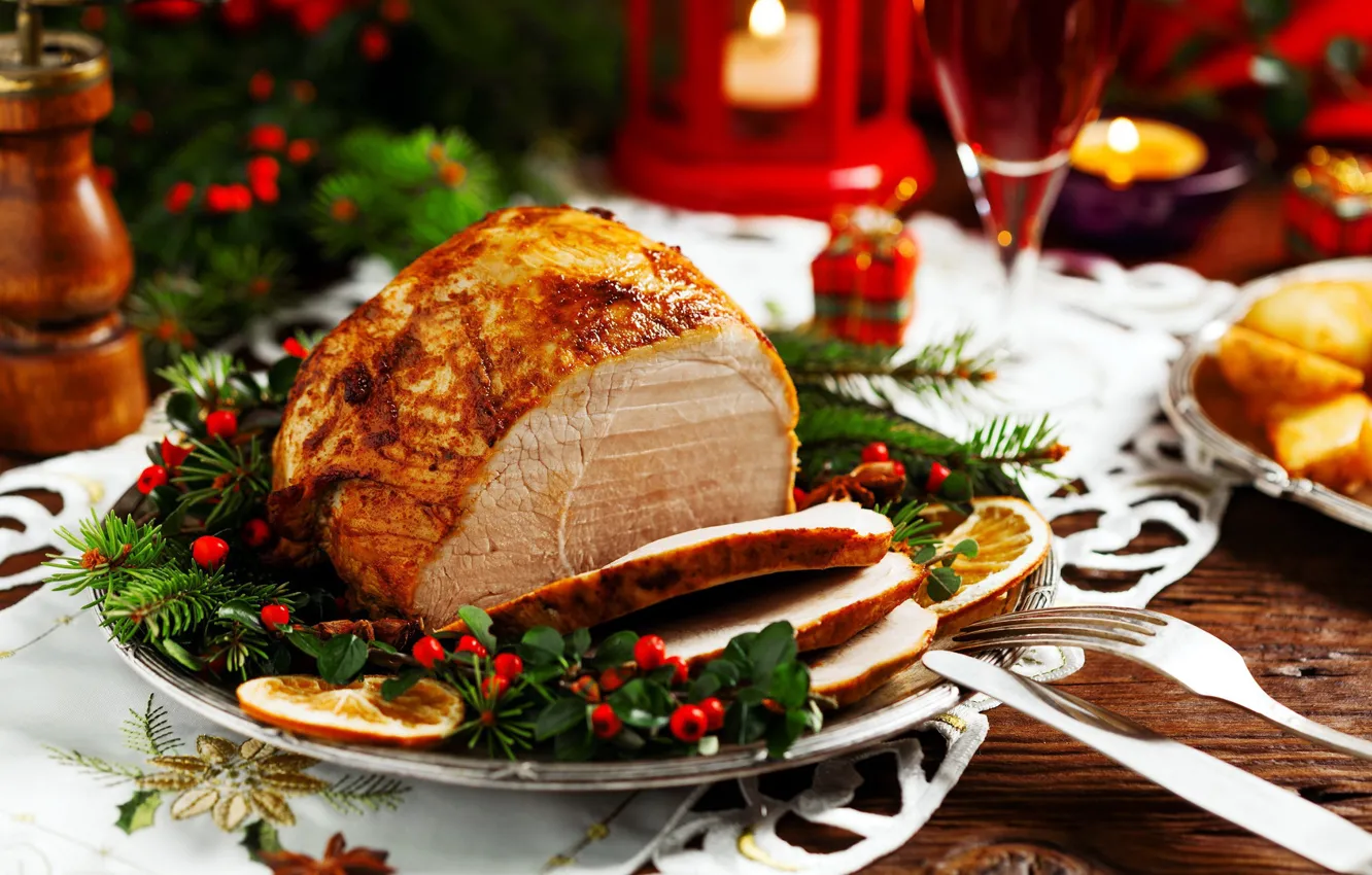 Фото обои тарелка, мясо, Новый год, сервировка