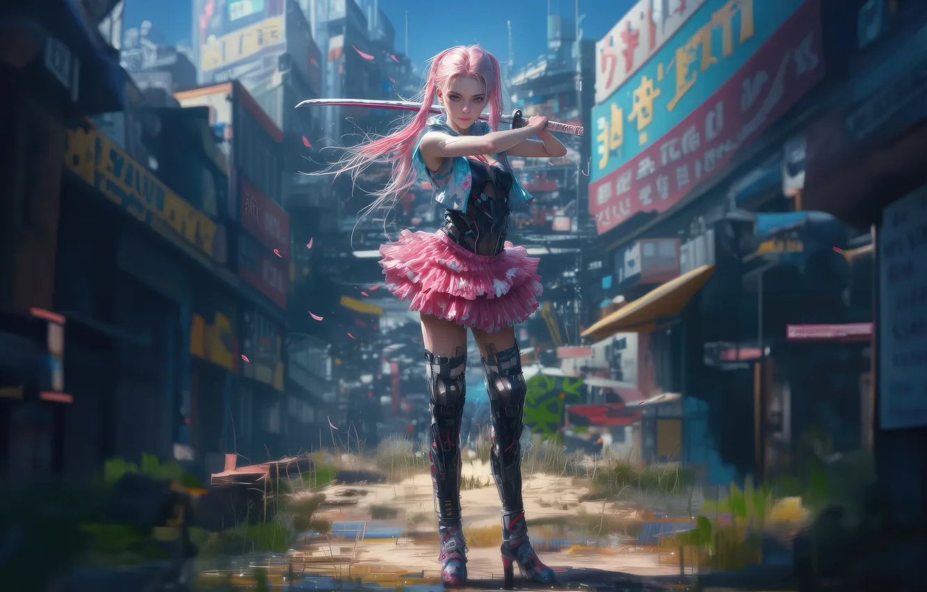 Фото обои girl, samurai, alley, claiming
