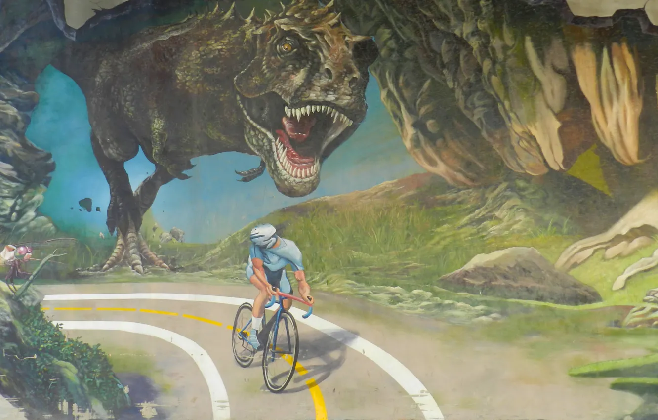 Фото обои дорога, динозавр, погоня, велосипедист, Тираннозавр