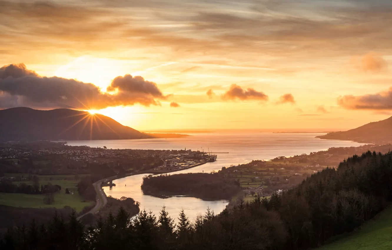 Фото обои лес, закат, река, рассвет, водоем