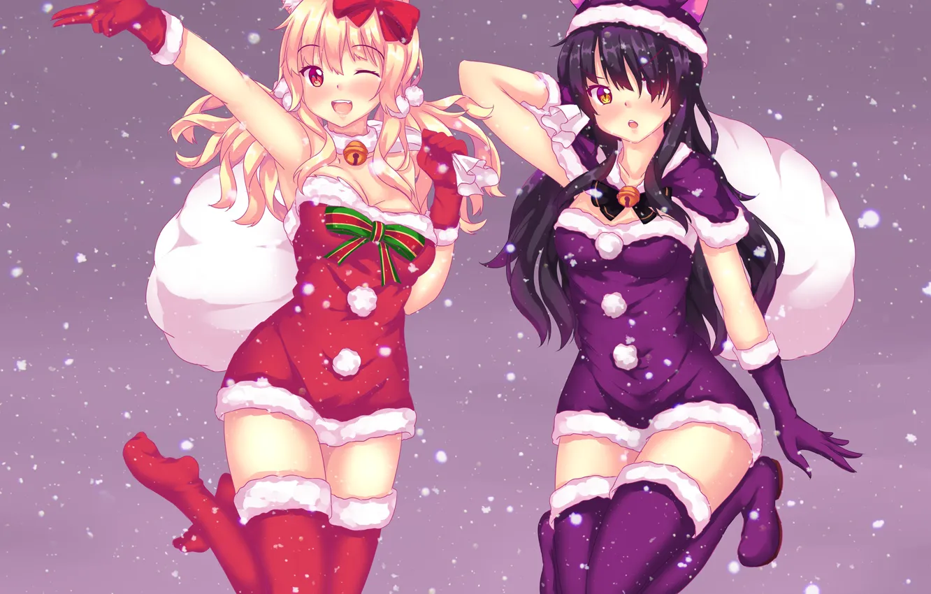 Фото обои снег, девушки, подарки, мешок, неко, колокольчик, ушки, anime