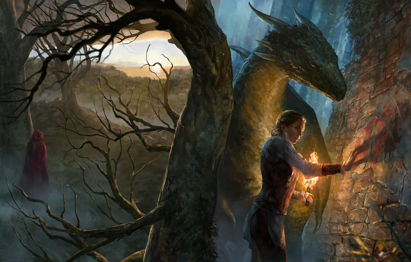Фото обои девушка, стена, дерево, дракон, фигура, арт, факел, плащ