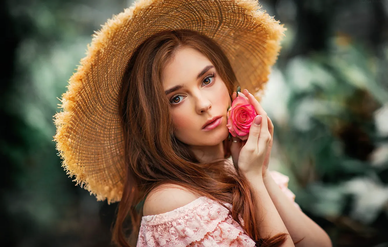 Фото обои взгляд, девушка, природа, портрет, розы, шляпа, Ольга Бойко