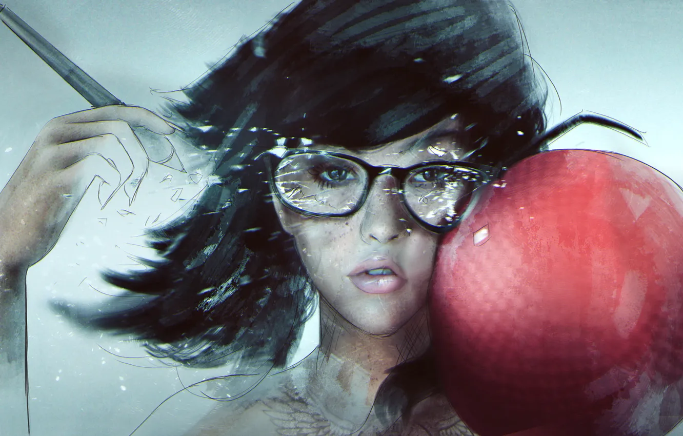 Фото обои девушка, лицо, арт, очки, удар, хипстер, dodgeball