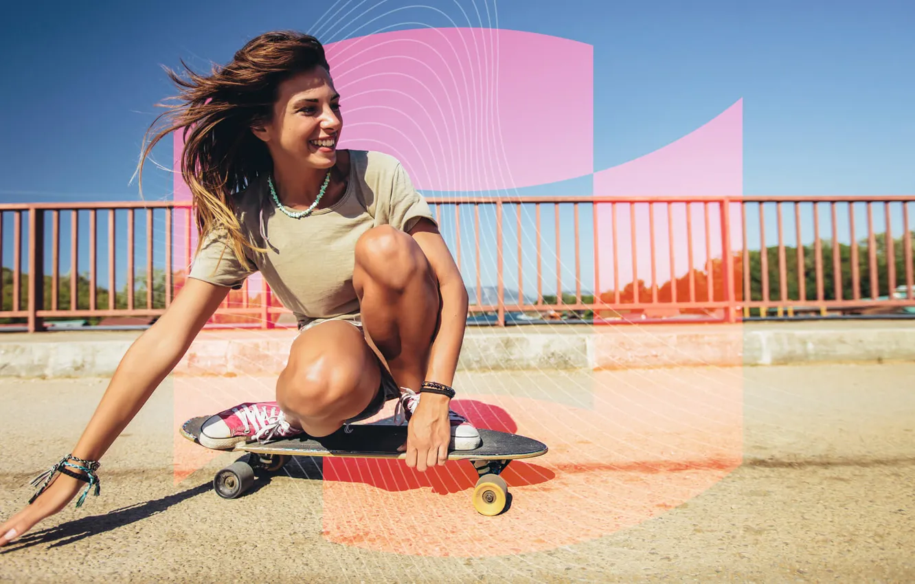 Фото обои girl, skateboarding, skating, joyfully