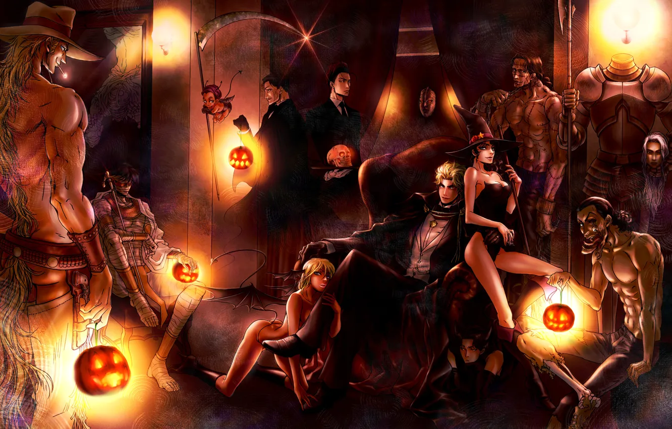 Фото обои девушки, комната, череп, кресло, шляпа, демон, арт, монстры